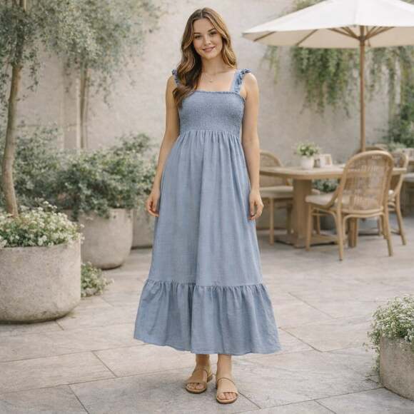 Böhme Dresses & Skirts - Bohme Light Blue Smocked Maxi Dress Ruffle Straps Cottagecore Size S